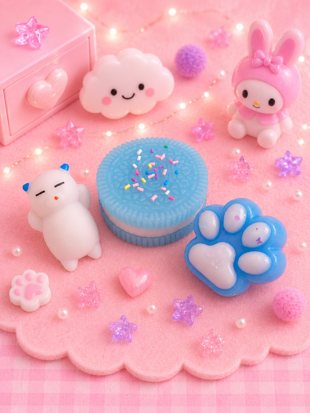 🍪Pack Squishys Cookie bleu, patte de chat bleu & chat blanc Kawaii