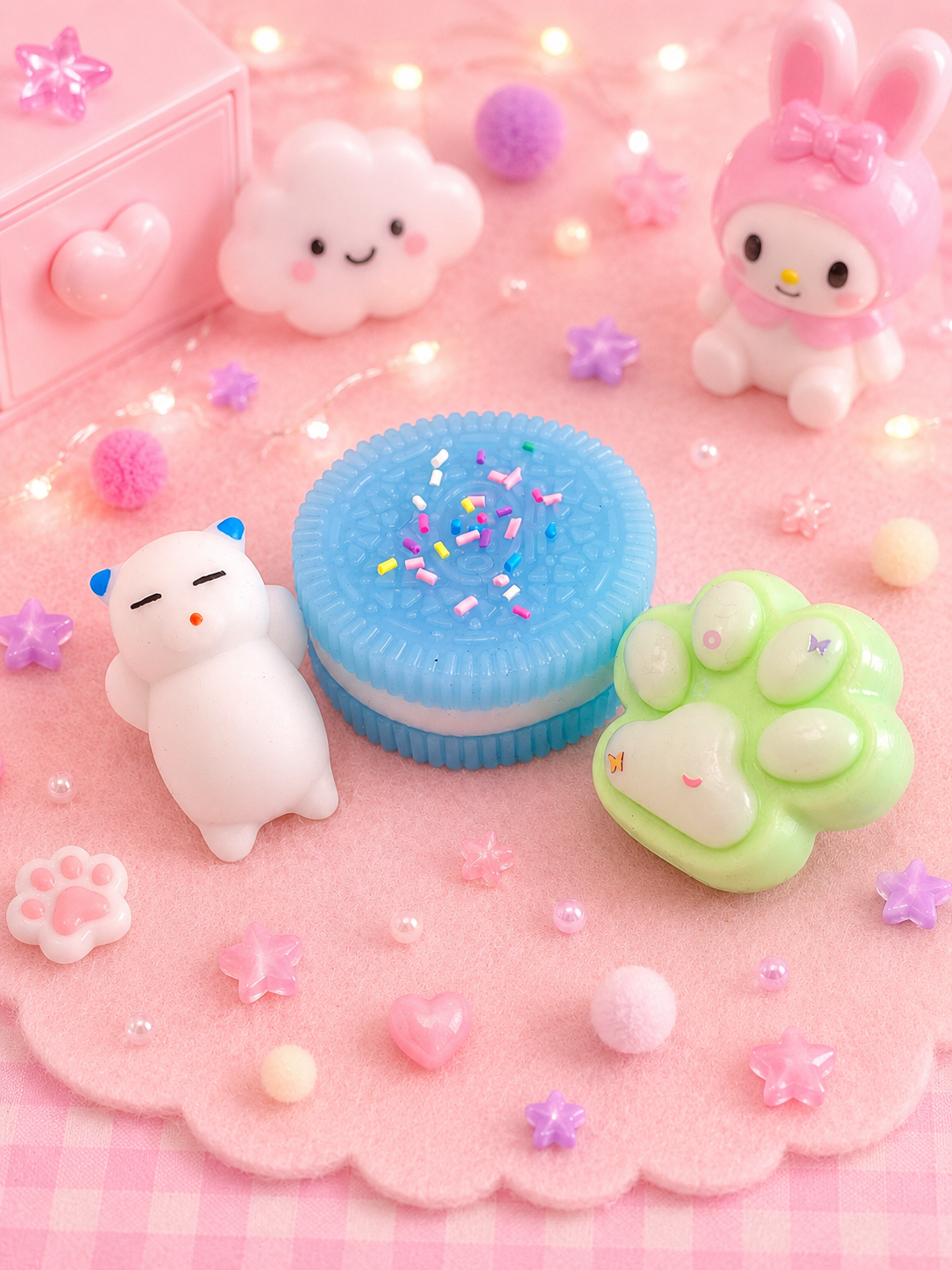 🍪Squishys, Cookie bleu,patte verte & chat blanc