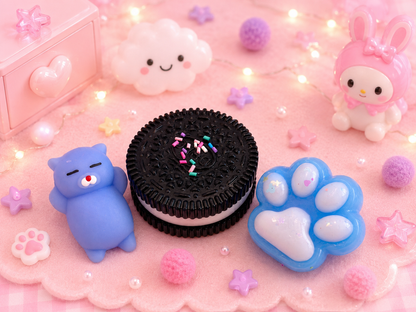 🍪 Pack squishys Cookie noir, patte bleu & chat bleu