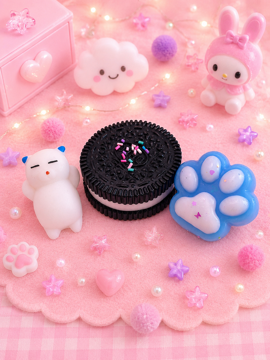🍪 Squishys, Cookie noir, patte bleu &  chat blanc