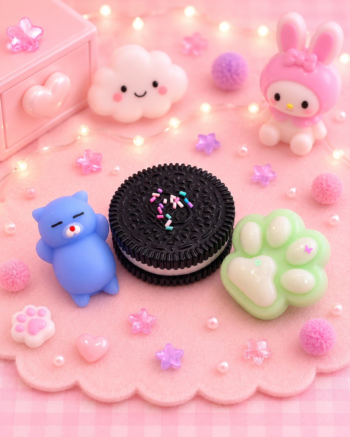 🍪 Squishys, Cookie noir, patte verte & chat bleu