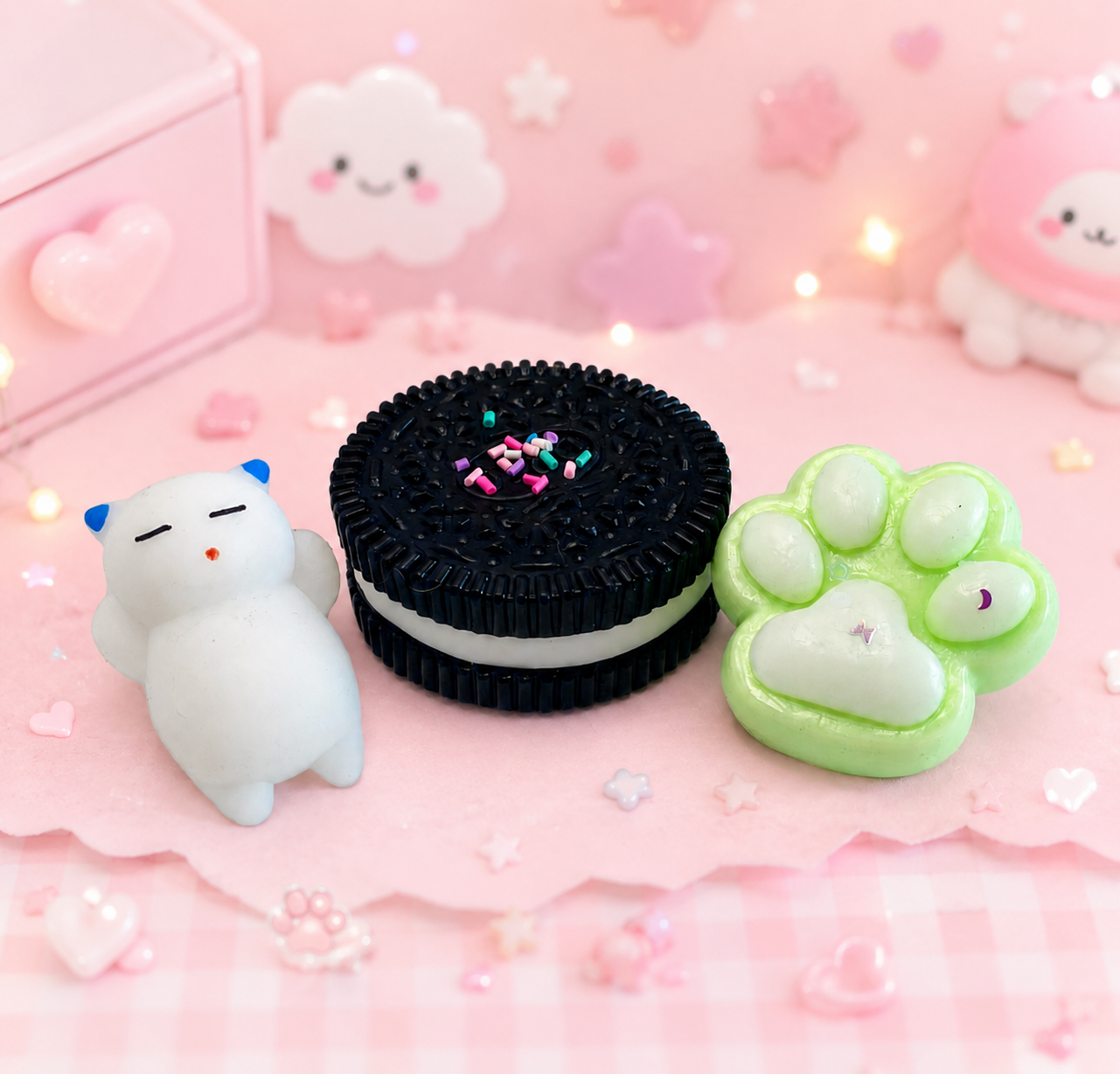 🍪 Squishys, Cookie noir, patte verte & chat blanc
